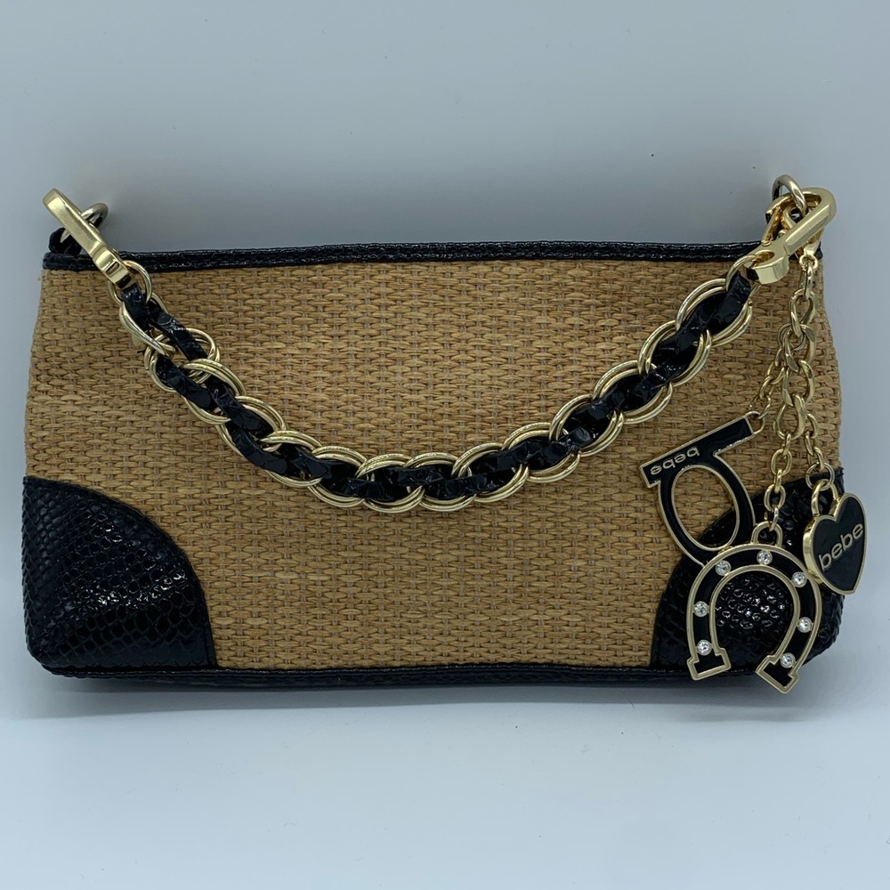 bebe Tan and Black Mini Bag with Gold Chain